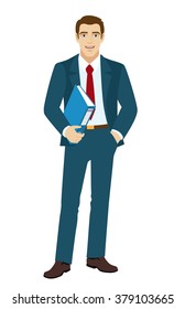 Businessman holding a folder. Vector illustration.