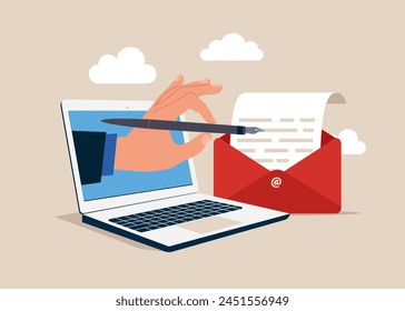 Businessman holding fountain pen. Apply online for new job. Email communication for best business negotiation. Modern vector illustration in flat style.