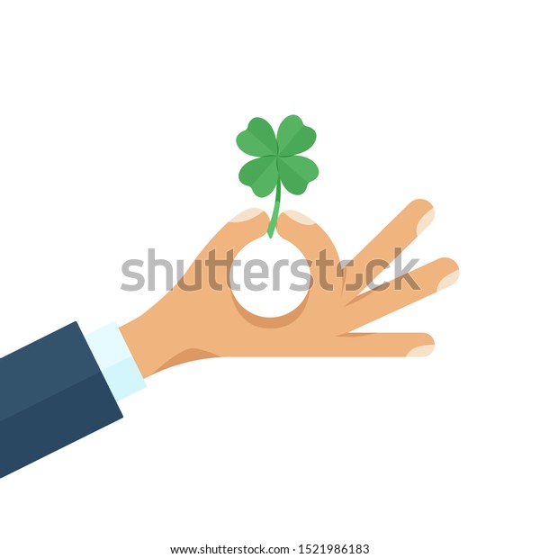 Businessman holding a four\
leaf lucky green clover. Good luck and lucky charm symbol. Flat\
style cartoon colorful concept vector illustration isolated on\
white background.