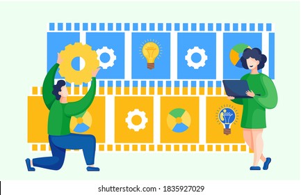 Businessman holding a gear concept of management and organization. Business creative intention flat vector. Man raised up gearwheel overhead. Great idea business solution innovate technology