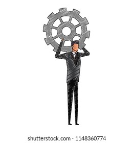Businessman holding gear scribble