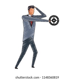 Businessman holding gear scribble