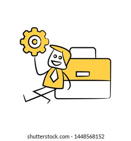 businessman holding gear,sitting next to briefcase yellow stick figure theme