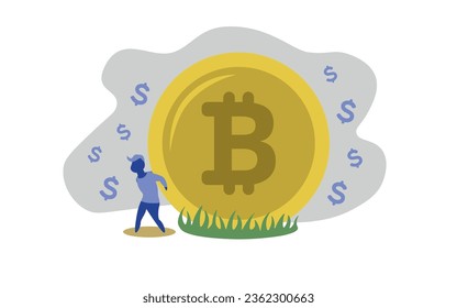 businessman holding giant Bitcoin coin on his back. Coin, male character illustration in blue clothes holding a giant coin. finances.