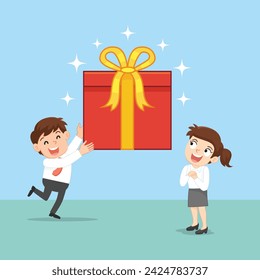 Businessman holding giant gift box for happy woman in party hat.Christmas gifts and presents concept.illustration vector eps10 cartoon.  