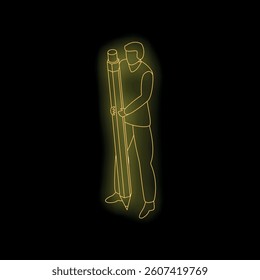 Businessman is holding a giant glowing pencil in neon light style