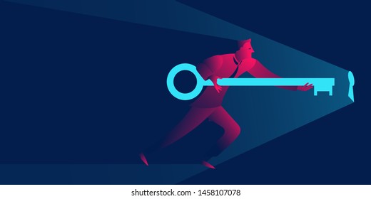 Businessman holding giant key to the keyhole. Solution, open new opportunities or problem solving business concept in red and blue neon gradients