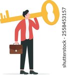 Businessman holding a giant key on shoulder. Concept business vector illustration.
