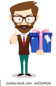 Businessman holding a gift box. Stock flat vector illustration.
