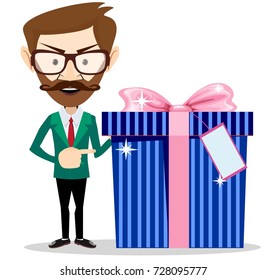 Businessman holding a gift. Stock flat vector illustration.