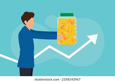 Businessman holding glass jar with full of coins 2d vector illustration concept for banner, website, landing page, flyer, etc