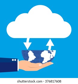 Hombre de negocios que sostiene el globo con la nube conectada en el fondo azul. Concepto de conectividad mundial de tecnología de computación en nube de Ilustración vectorial.