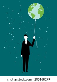 Businessman holding up a globe earth. Vector illustration