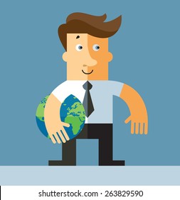 Businessman holding globe. Flat vector illustration.