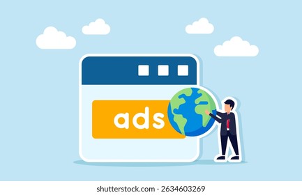 Businessman holding a globe in front of an app interface displaying an ADS sign illustrating global advertising management