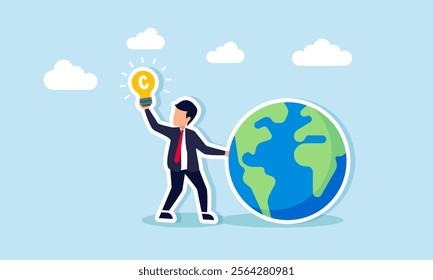 A businessman holding a globe with his hand raised, showing a lamp labeled with the letter C, illustration of business idea and innovation legality in becoming a top global business