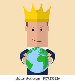 A businessman is holding a globe in his hands. President of world in crown . Big Boss Planet Earth. Vector illustration
