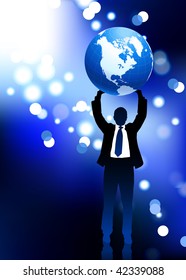 Businessman holding up globe lens flare internet background