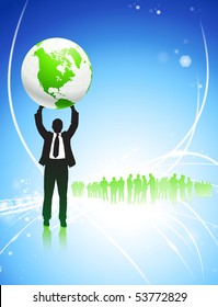 Businessman Holding up Globe on Internet Background Original Illustration