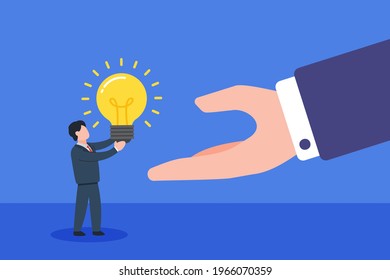Businessman holding a glowing light bulb and giving to someone. Creative concept of proposing an idea or make a deal. Simple trendy cute vector illustration. Modern abstract flat style graphic design.