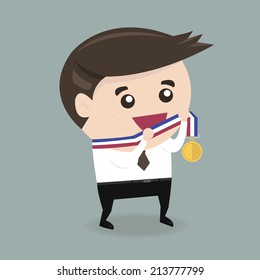 Businessman holding gold coin, winner concept