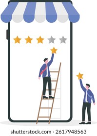 Businessman holding a gold star in hand, to give five. shopping online on my smartphone .

