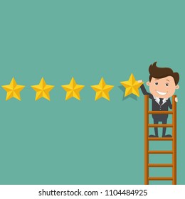 Businessman holding gold star for rating - Vector illustration.