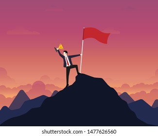 Businessman holding up a gold trophy cup with success flag on top of mountain. Sunset background, Business, Success, Leadership, Achievement, People successful career concept, Vector illustration flat