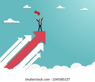 Businessman holding up a gold trophy cup with success flag on top of arrows. Business, Success, Leadership, Achievement, People successful career concept, Vector illustration flat