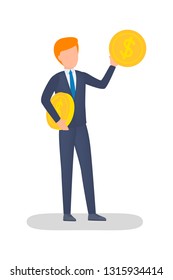 Businessman holding golden coin. Idea of financial wealth and success. Rich person. Flat vector illustration