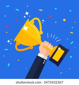 Businessman holding golden cup award in hand. Business goal achievement concept. happy successful competition winner. Vector illustration in flat style design.