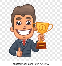 Businessman holding golden cup and showing thumbs up. Funny character. Vector character
