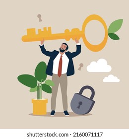 Businessman holding golden key. Concept of key person or specialist, keyman, leader with important skill, successful businessman, entrepreneur. Modern flat colorful vector illustration for poster, ban