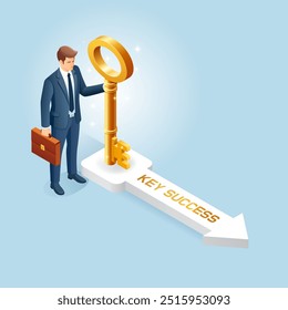 Businessman holding golden key isometric illustration
