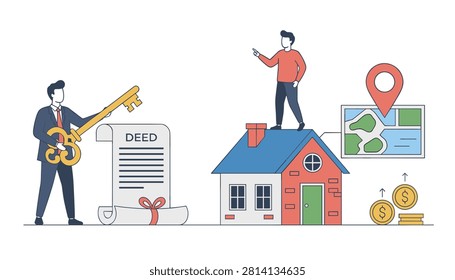 Businessman holding a golden key next to a deed document and a house, with a man standing on the roof looking at a map.