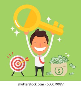 Businessman holding golden key secret of success.