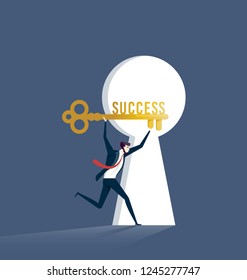 Businessman holding golden key to unlock the lock. Business concept
