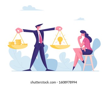 Businessman Holding Golden Scales with Coins and Glowing Light Bulb, Business Woman Think what to Choose Money or Idea. Alternative Choice, Investment Assistance. Cartoon Flat Vector Illustration