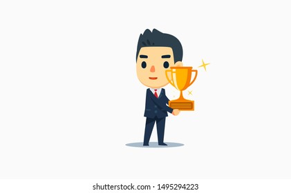 a businessman is holding a golden trophy. vector illustration