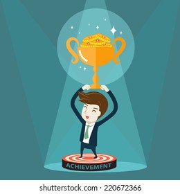 Businessman holding golden trophy. Vector cartoon for  success concept. 