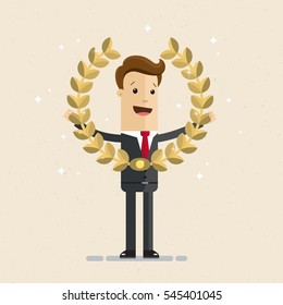 Businessman holding a golden wreath. Vector illustration style flat.