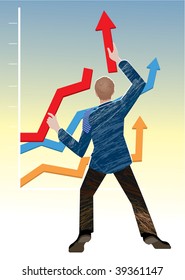 Businessman holding graph arrows