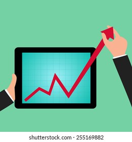Businessman holding graph to growing up from tablet screen. vector Illustration
