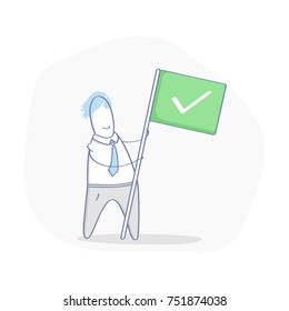 Businessman holding green flag with check mark. Business concept of success, goal, achievement and challenge. Flat outline isolated vector illustration on white background.