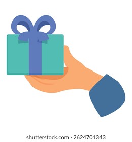 Businessman is holding a green gift box with a blue ribbon