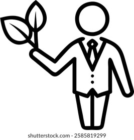 Businessman holding a green leaf with copy space concept as A businessman in a suit holding a green leaf standing against a glossy white background symbolizing corporate sustainability and commitment