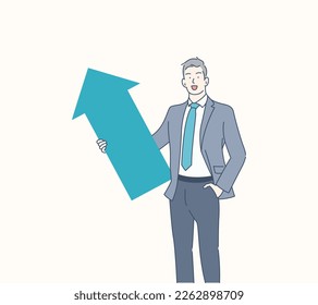 Businessman holding green sign of arrow, hand drawn style vector design illustration
