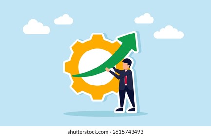 Businessman holding a green upward arrow in front of a gear, illustration of system performance improvement after maintenance