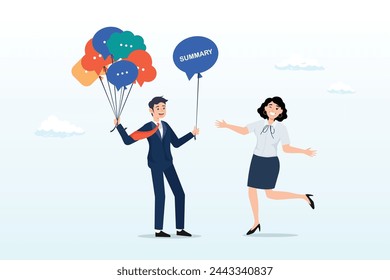Businessman holding group of speech bubble balloons as member opinions, offering summary after finish meeting, meeting summary or conclusion, session or brainstorm recap and agreement (Vector)