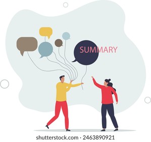 businessman holding group of speech bubble balloons as member opinions, offering summary after finish meeting.flat vector illustration.